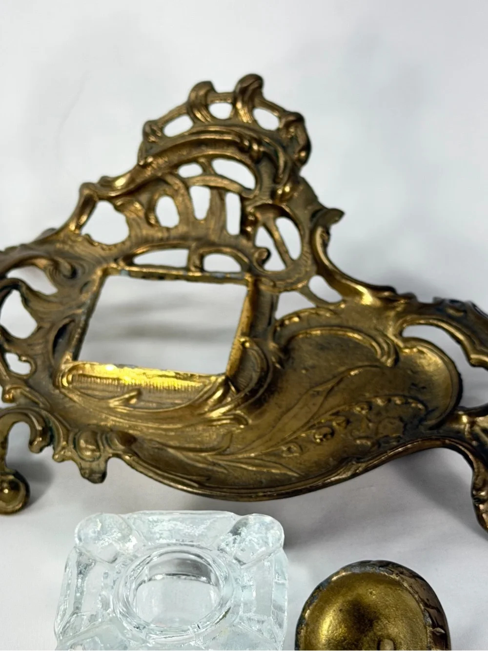 Source Unknown Ornate Brass-Finish Inkwell with Clear Glass Pot